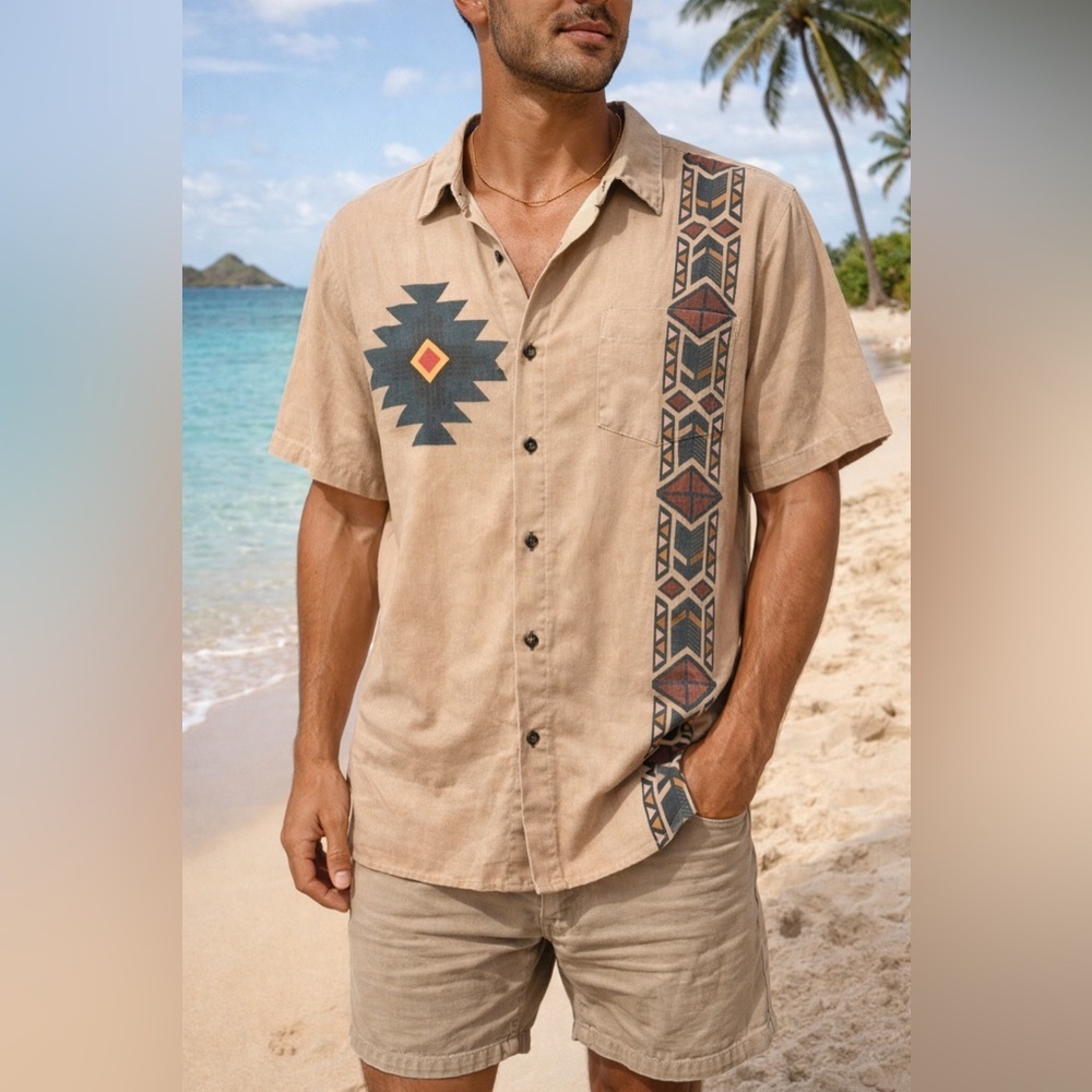 Ouku, size XL, linen blend tan Aztec themed button down shirt